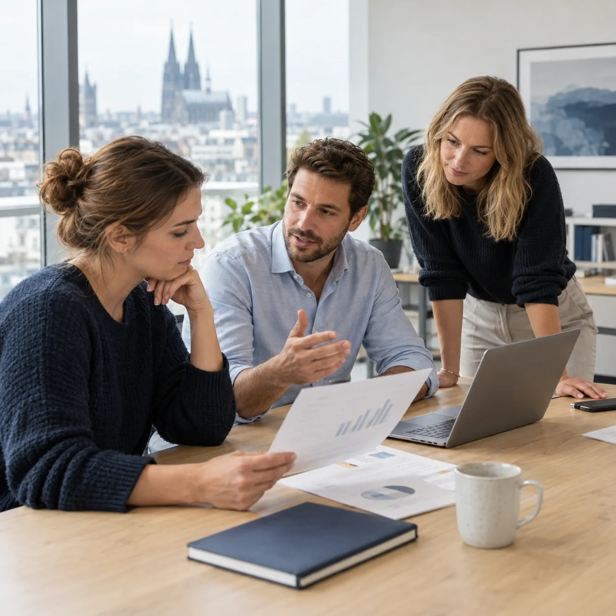 AI-generated scene: Three people discuss financial data in a bright office overlooking Cologne.