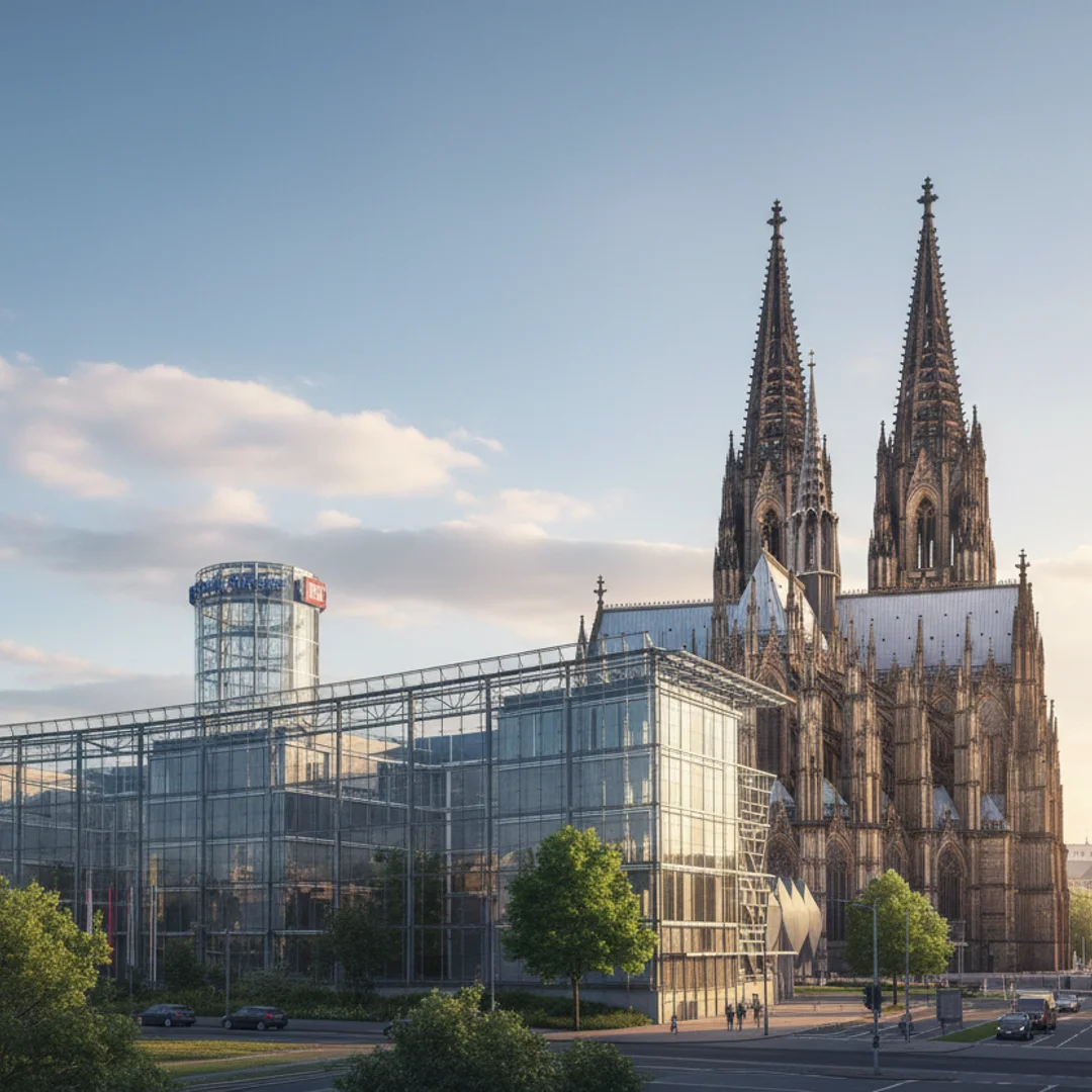 Cologne Cathedral beside the glass building at Breslauer Platz in the evening light.