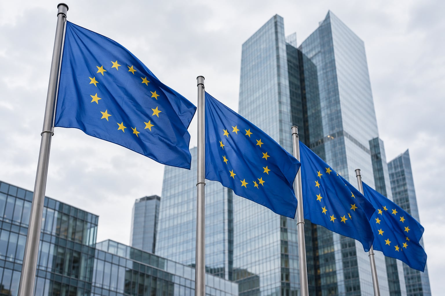 Europafahnen vor Bürotürmen aus Glas in Frankfurt am Main