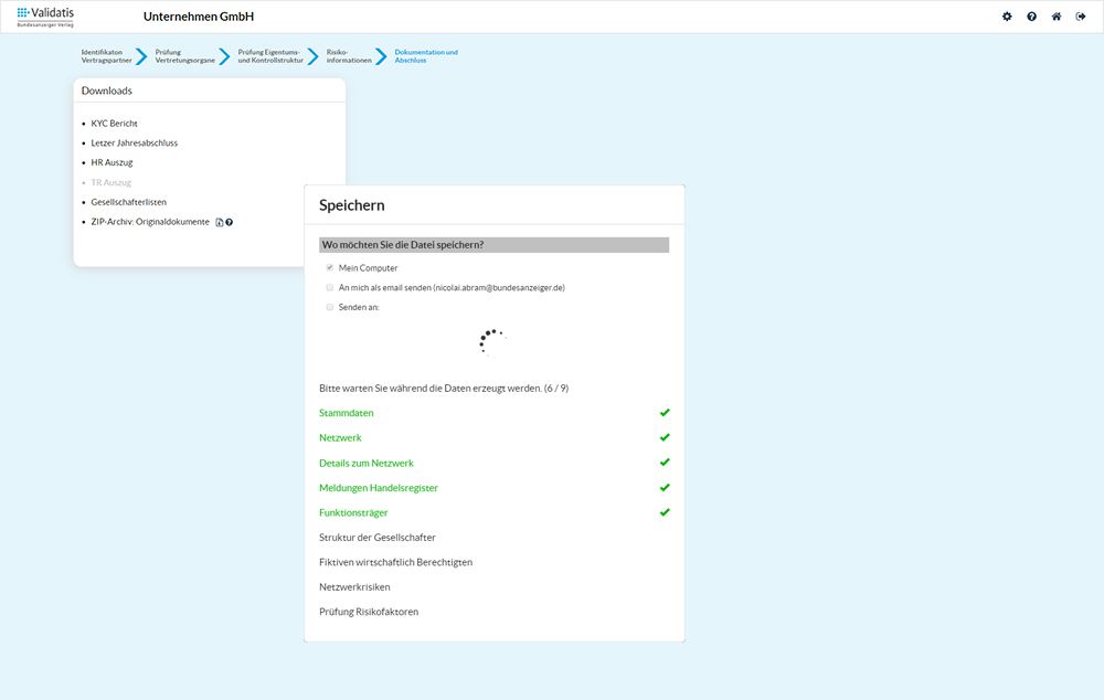 Screenshot Dokumentation und Abschluss KYC Complyer